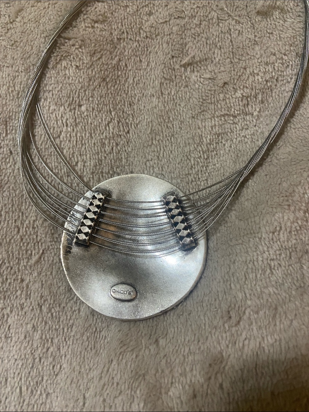 Chico's Silver Multi-Strand Statement Necklace with Textured Round Pendant - Picture 2 of 2